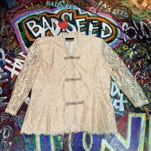 Y2K Nicole Paris Lace Jacket – Sheer Sleeves, Embellished, Scalloped Trim – (M)
